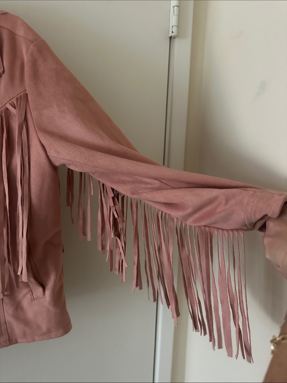 Women's Pink Fringe Leather Jacket with Star Accents - Picture 3 of 6
